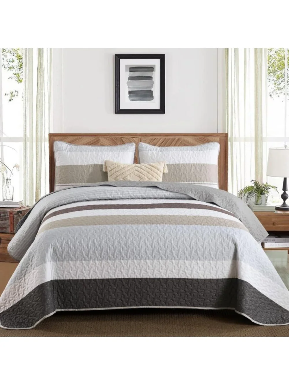 Cozy Grey Boho Quilt Set Queen Size | Lightweight Striped Patchwork Bedspread